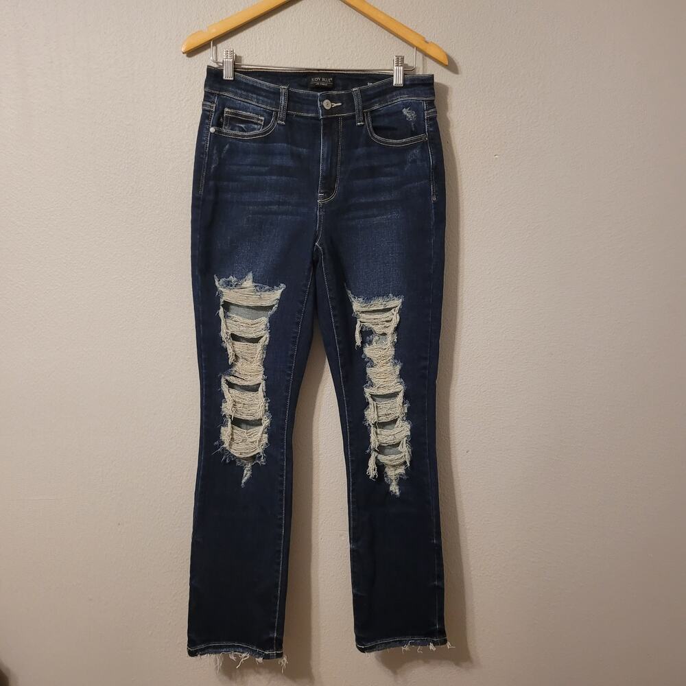 Judy‎ Blue Womens Straight Fit Jeans Size 29 Distressed Raw Hem Dark Wash